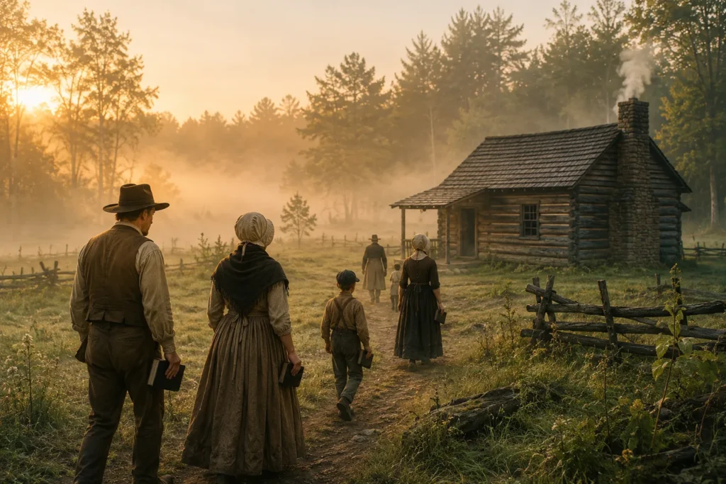 pioneers walking to a cabin